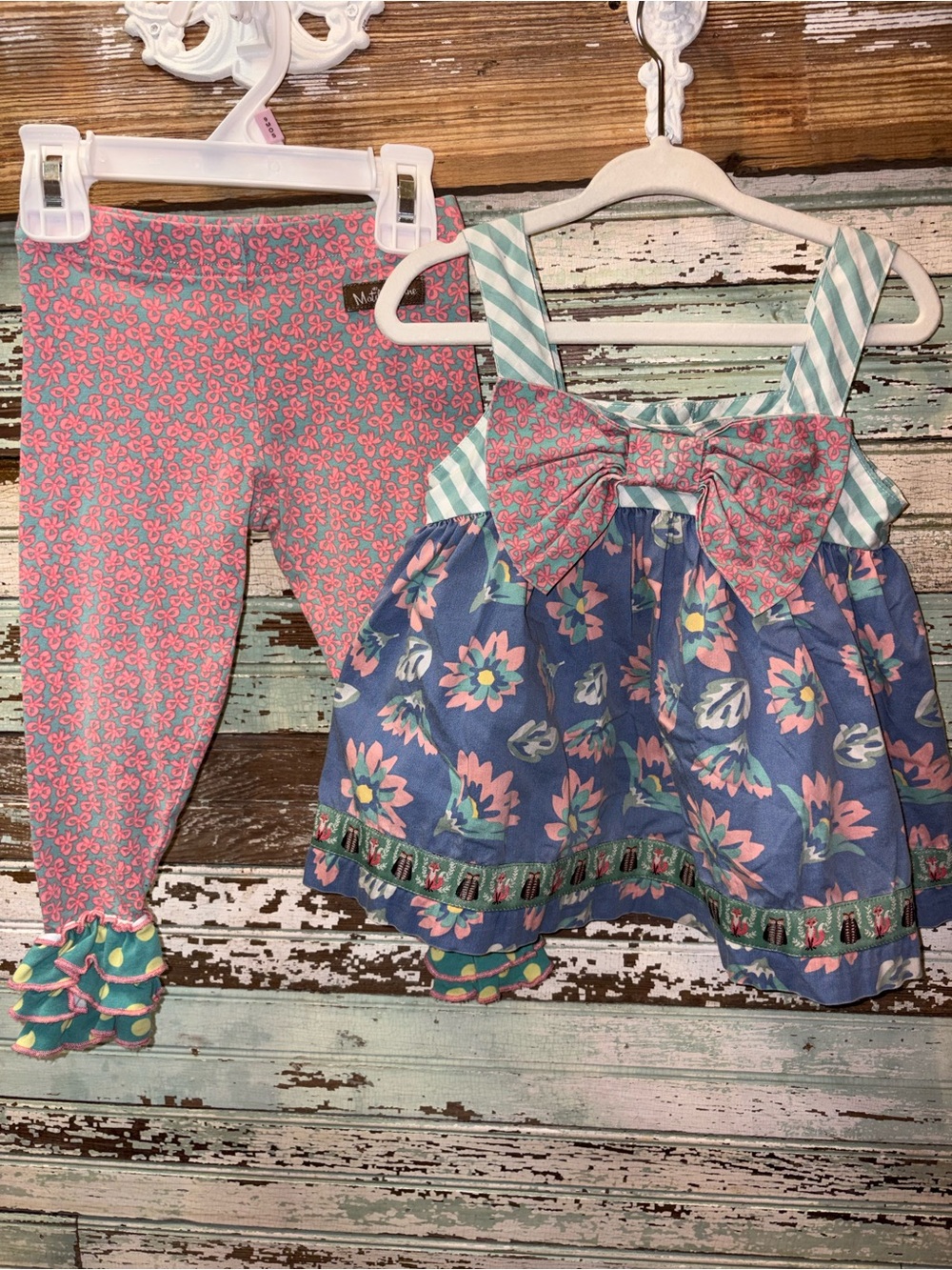 Matilda Jane Aqua & Pink Bow Floral Fox & Fox Print Leggings 2 piece Set Outfit